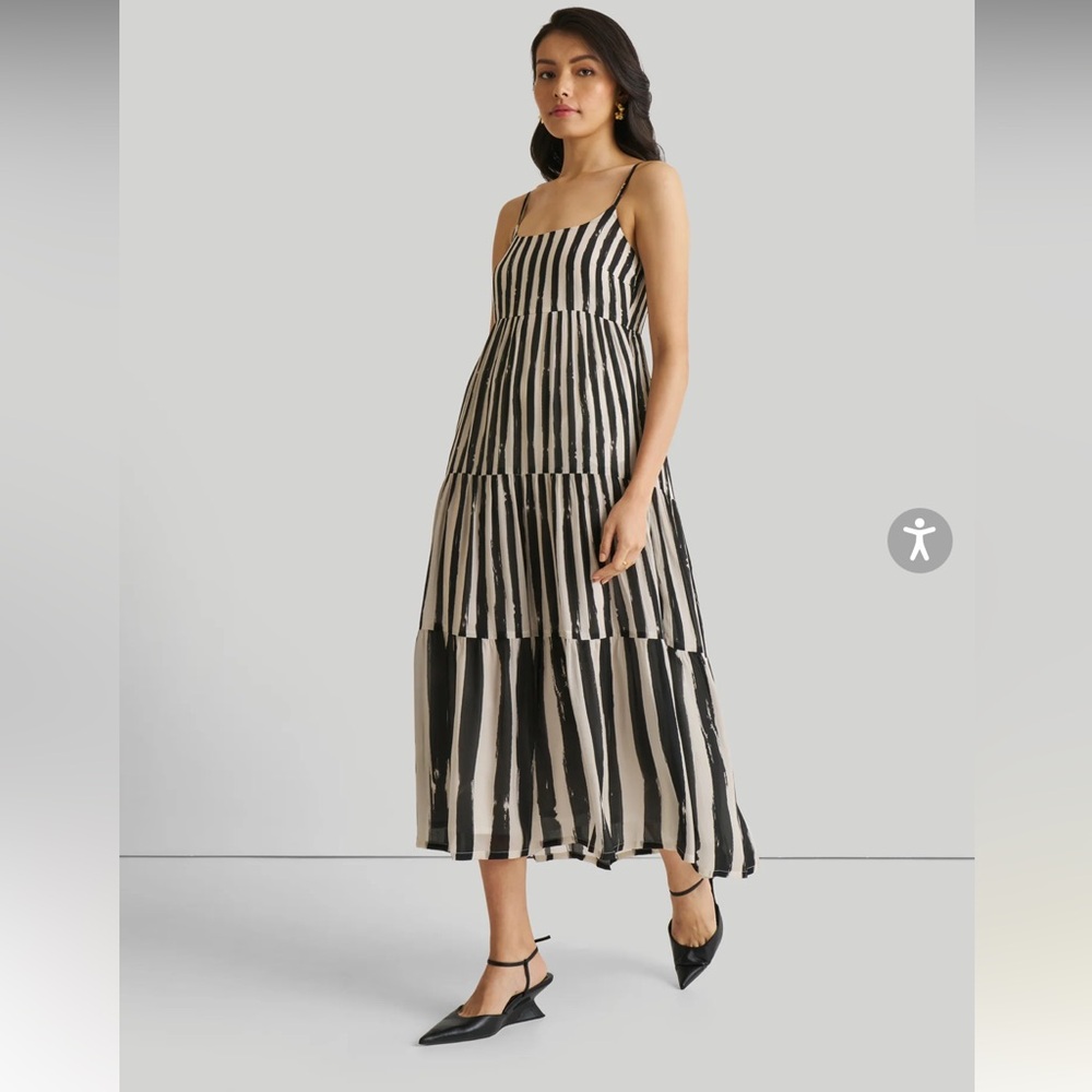 NWT, Reistor, Strappy Tiered Maxi Dress in Black Stripes, Size S